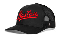 Boston Red Script Trucker Hat  |  Massachusetts Snapback