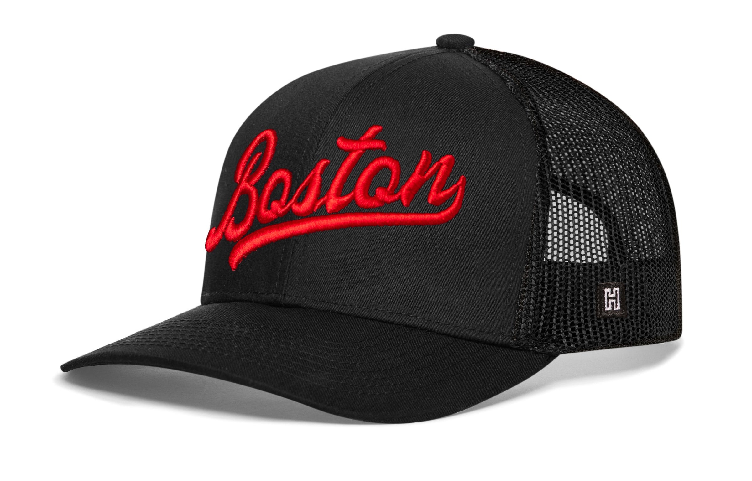 Boston Red Script Trucker Hat  |  Massachusetts Snapback