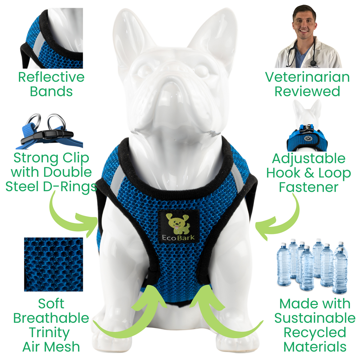 EcoBark Bright Blue Step In Dog Harness Sport- Rapid Fastener Reflective Soft Mesh Dog Vest Halter for XXXS to Small Dogs - BIG FRENCHIES