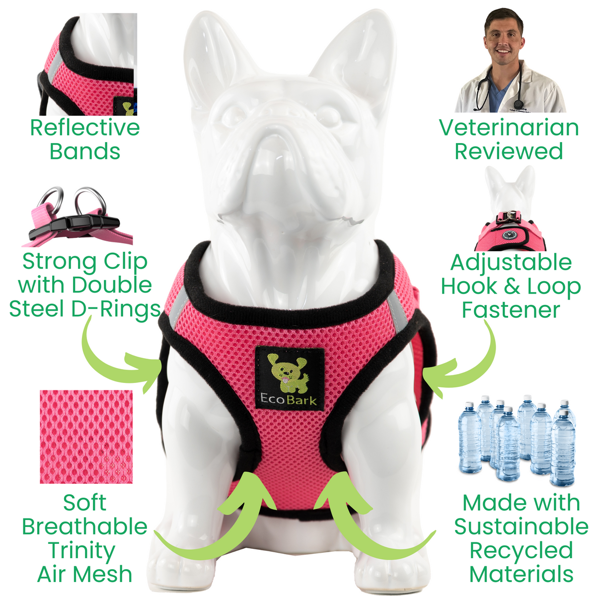 EcoBark Bubblegum Pink Step In Dog Harness - Reflective Soft Mesh Harness for Teacup, Small Dogs and Puppies - BIG FRENCHIES