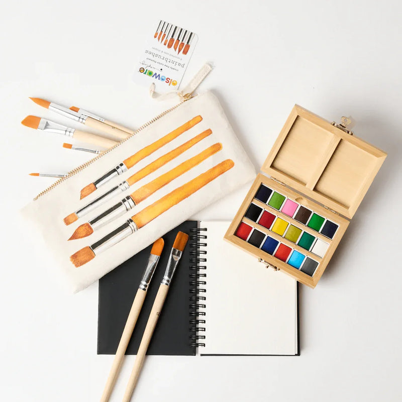 Watercolor Travel Set | Bamboo Case, Brushes, & Paper Pad - BIG FRENCHIES