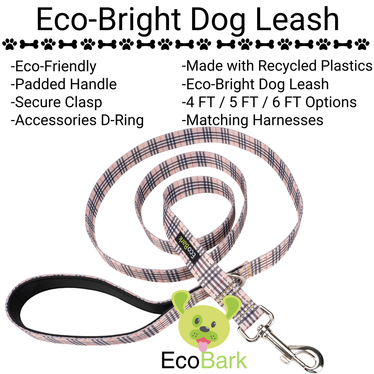 EcoBark Tan Plaid Dog Leash- Padded Comfort Grip Leash - 4ft, 5ft, and 6ft Leash for Small and Medium Dogs - BIG FRENCHIES
