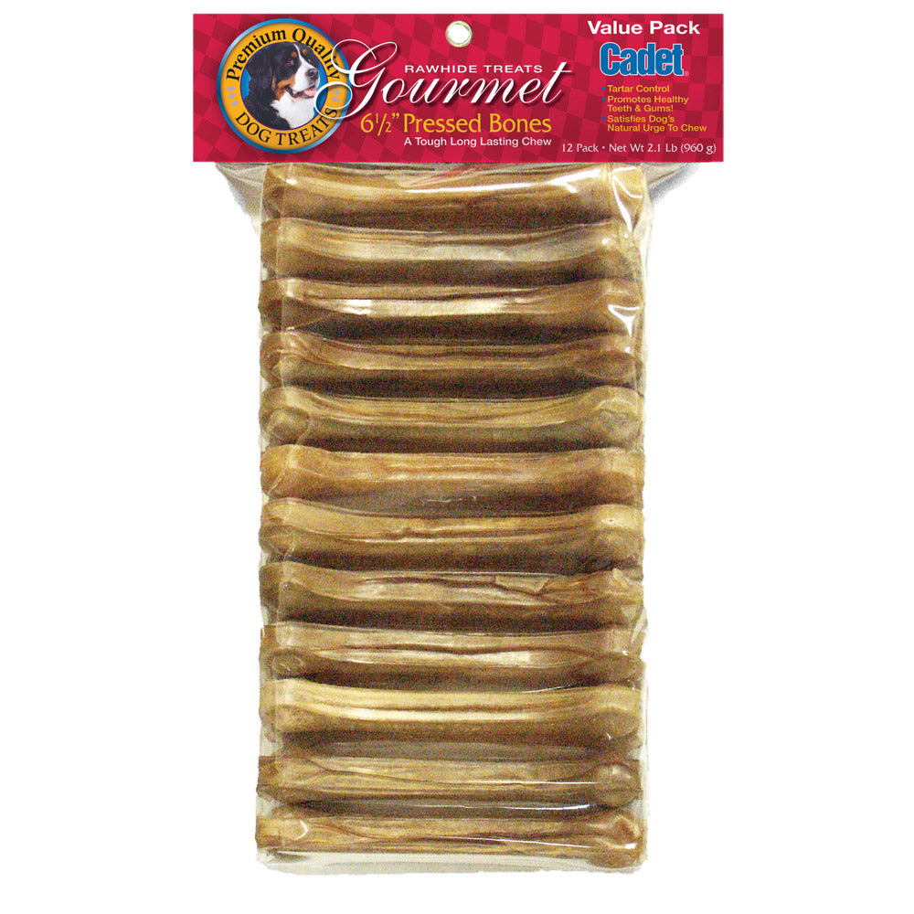 Cadet Pressed Rawhide Bones 6.5" Dog Chews Long Lasting Beef Hide 12 Pack