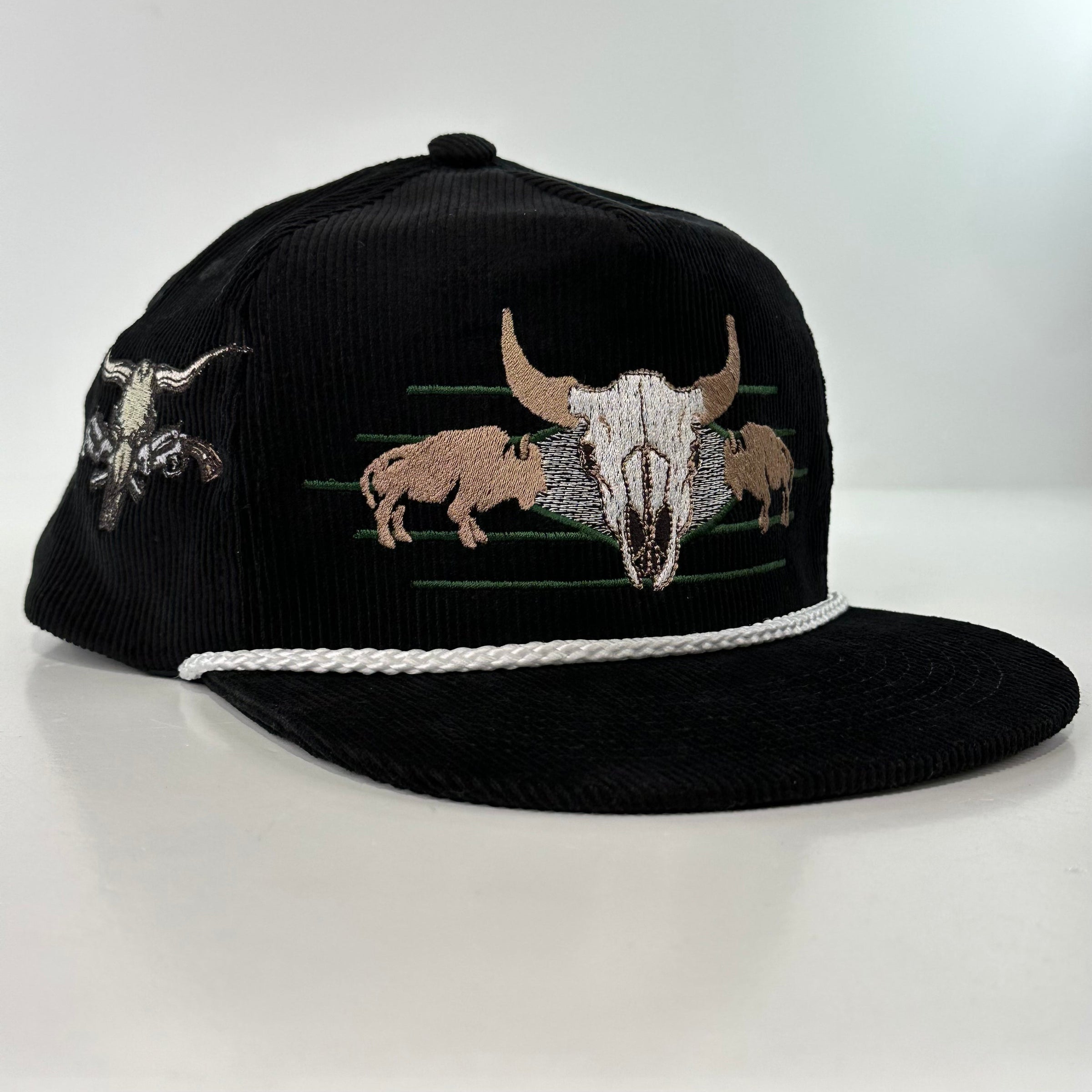 ￼ Buffalo & Cow Skull Rope black corduroy SNAPBACK Cap HAT Custom Embroidered