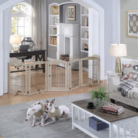 6-Panel Freestanding Solid Wood Dog Gate with Lockable Door, 132"L x 31.5"H – Foldable Pet Gate & Playpen, No Wall Mounting Required