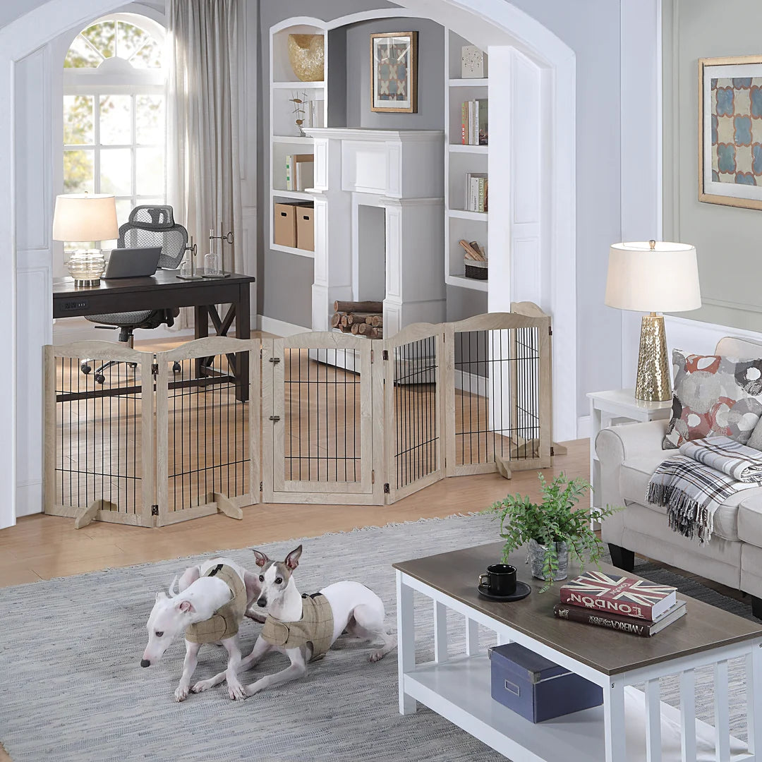 6-Panel Freestanding Solid Wood Dog Gate with Lockable Door, 132"L x 31.5"H – Foldable Pet Gate & Playpen, No Wall Mounting Required