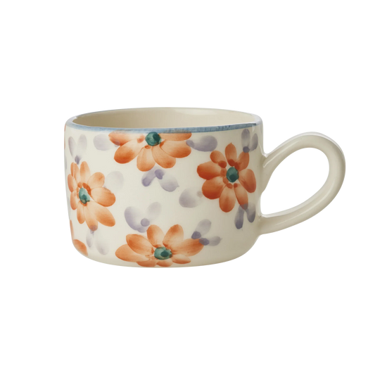 Ceramic Cappuccino Cup with Hand Painted Orange Flowers - 6.7 oz - BIG FRENCHIES