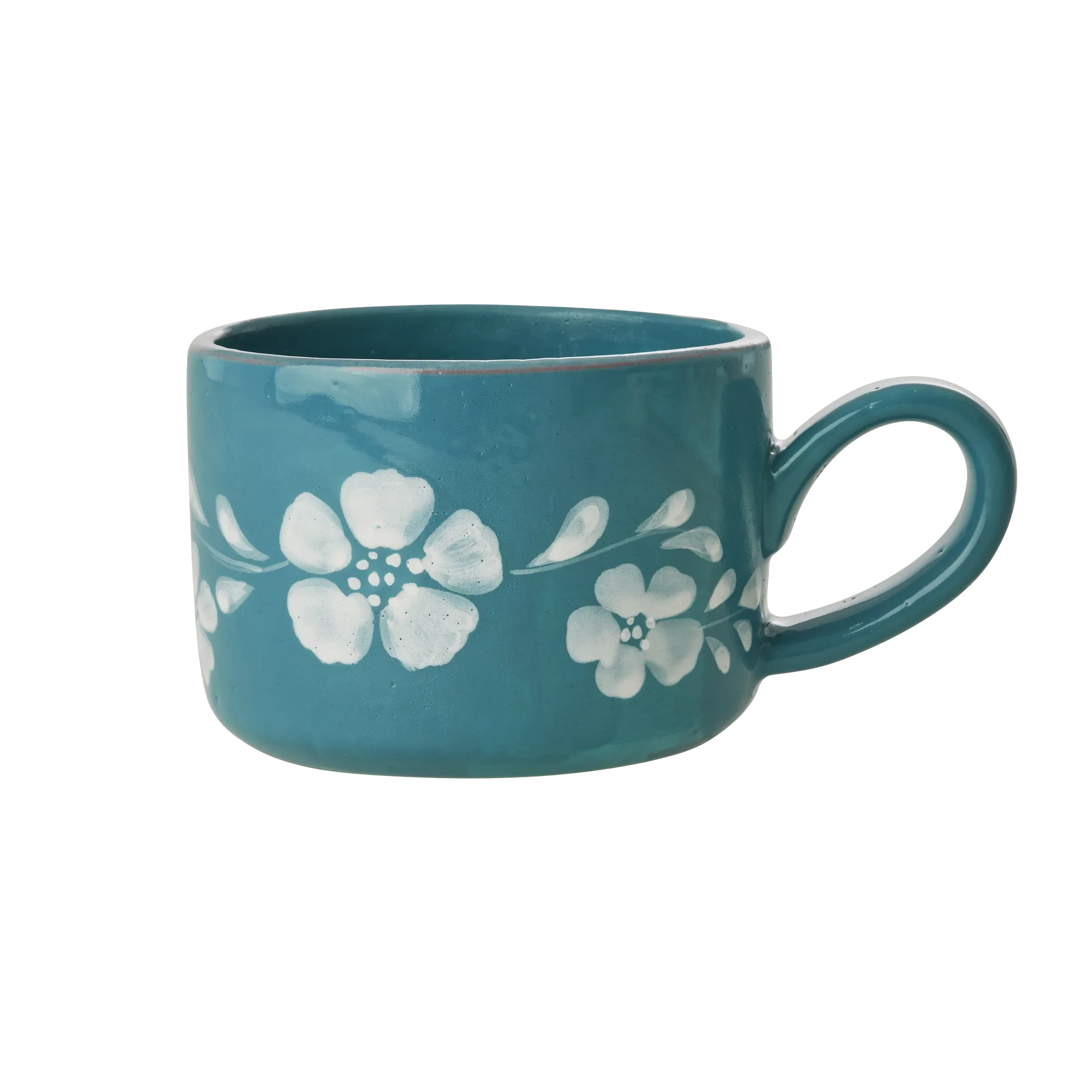 Ceramic Cappuccino Cup with Hand Painted White Flowers Vine - 6.7 oz - BIG FRENCHIES