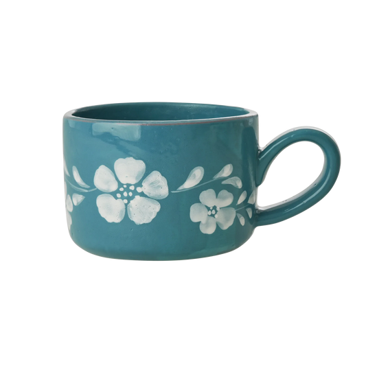 Ceramic Cappuccino Cup with Hand Painted White Flowers Vine - 6.7 oz - BIG FRENCHIES