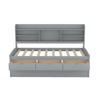 Twin Size Wooden Captain Bed with Built-in Bookshelves,Three Storage Drawers and Trundle Light Grey
