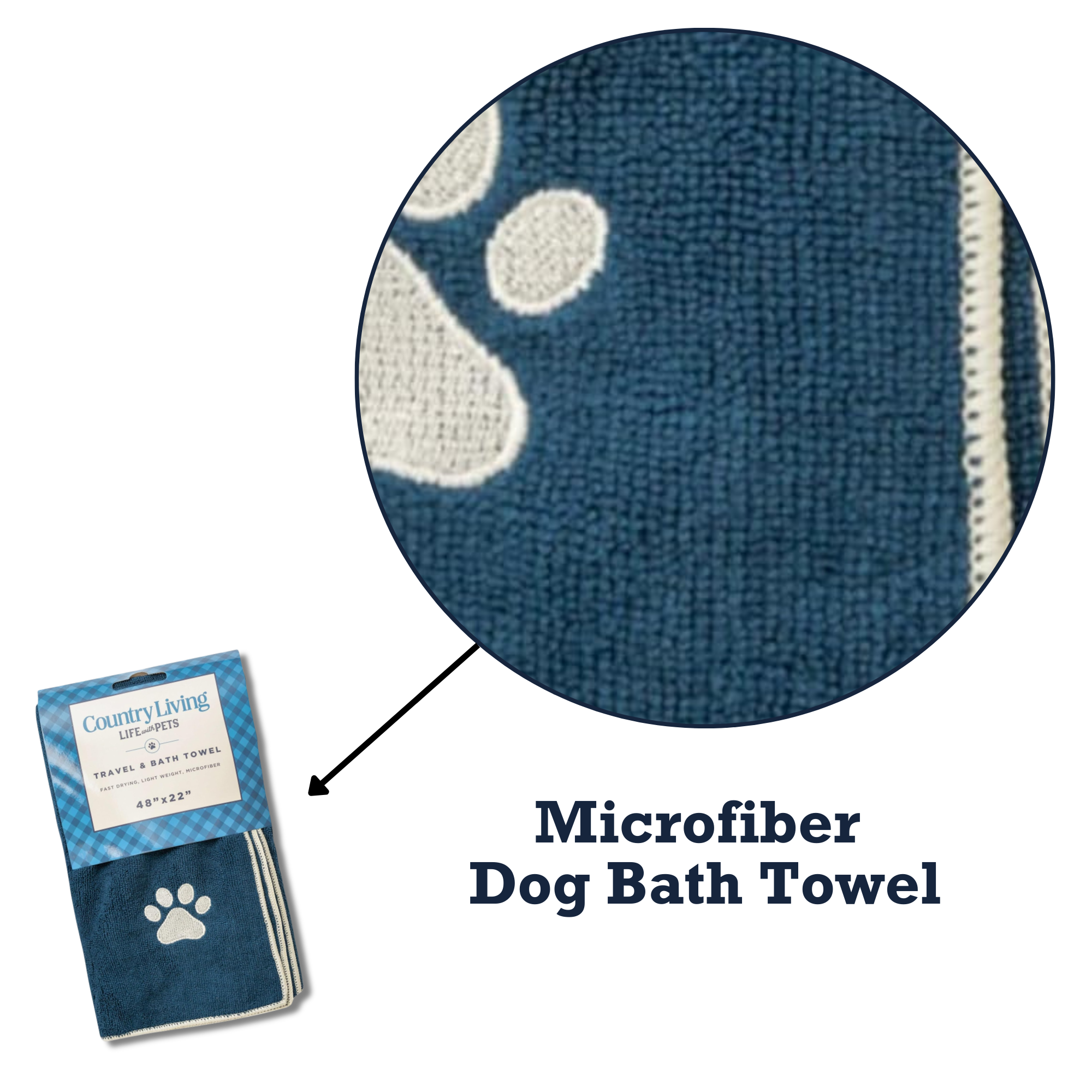 Country Living Large Marine Blue Microfiber Dog Bath Towel with Embroidered Paw Print - BIG FRENCHIES
