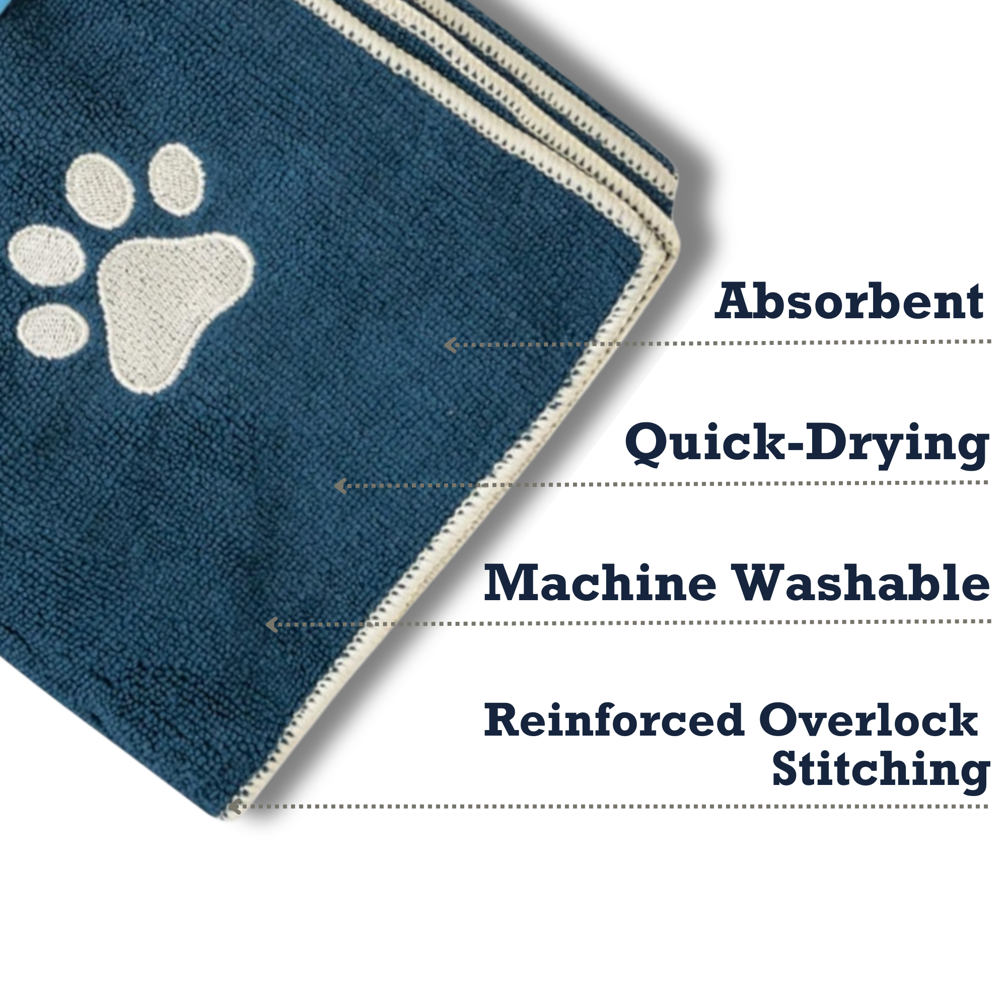 Country Living Large Marine Blue Microfiber Dog Bath Towel with Embroidered Paw Print - BIG FRENCHIES