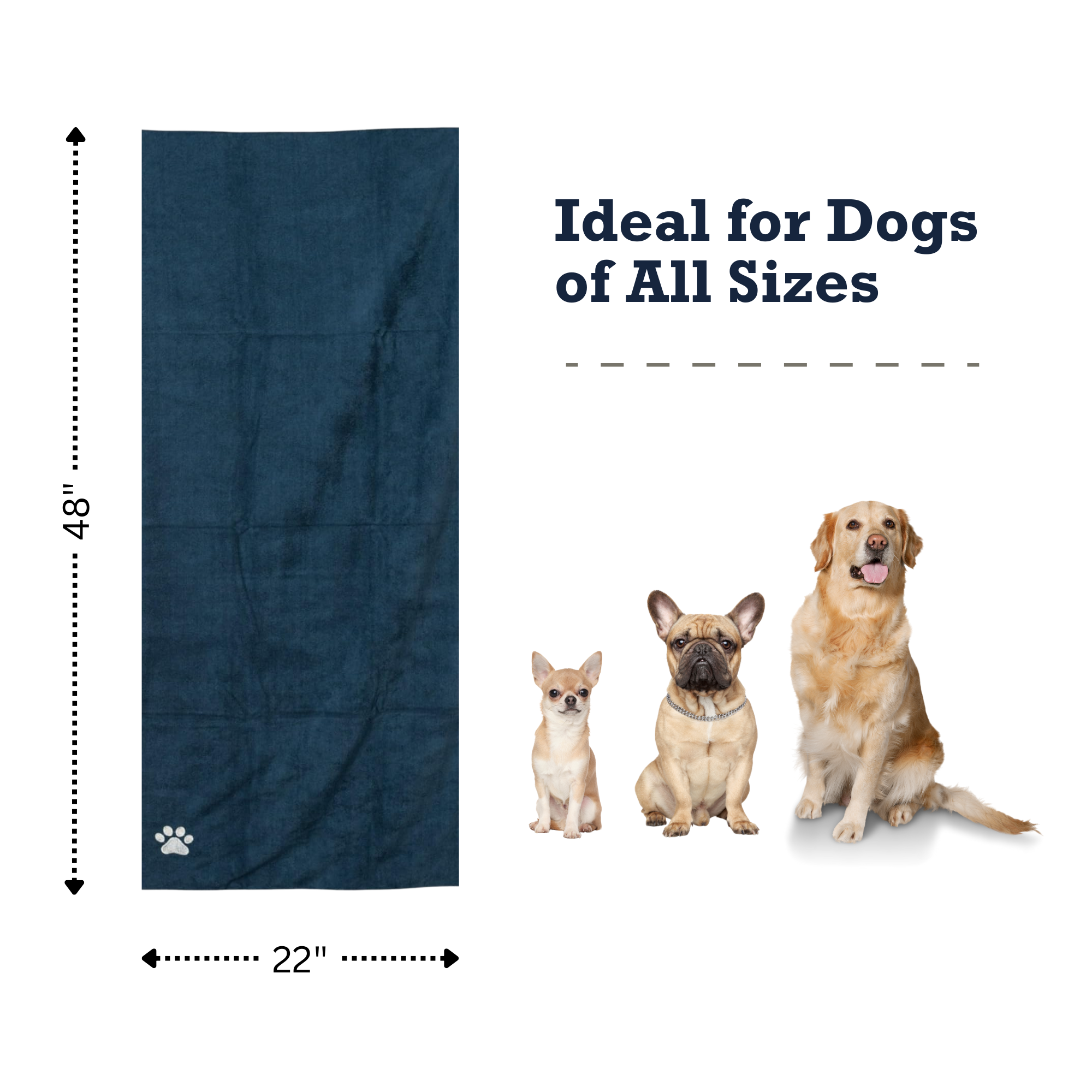 Country Living Large Marine Blue Microfiber Dog Bath Towel with Embroidered Paw Print - BIG FRENCHIES