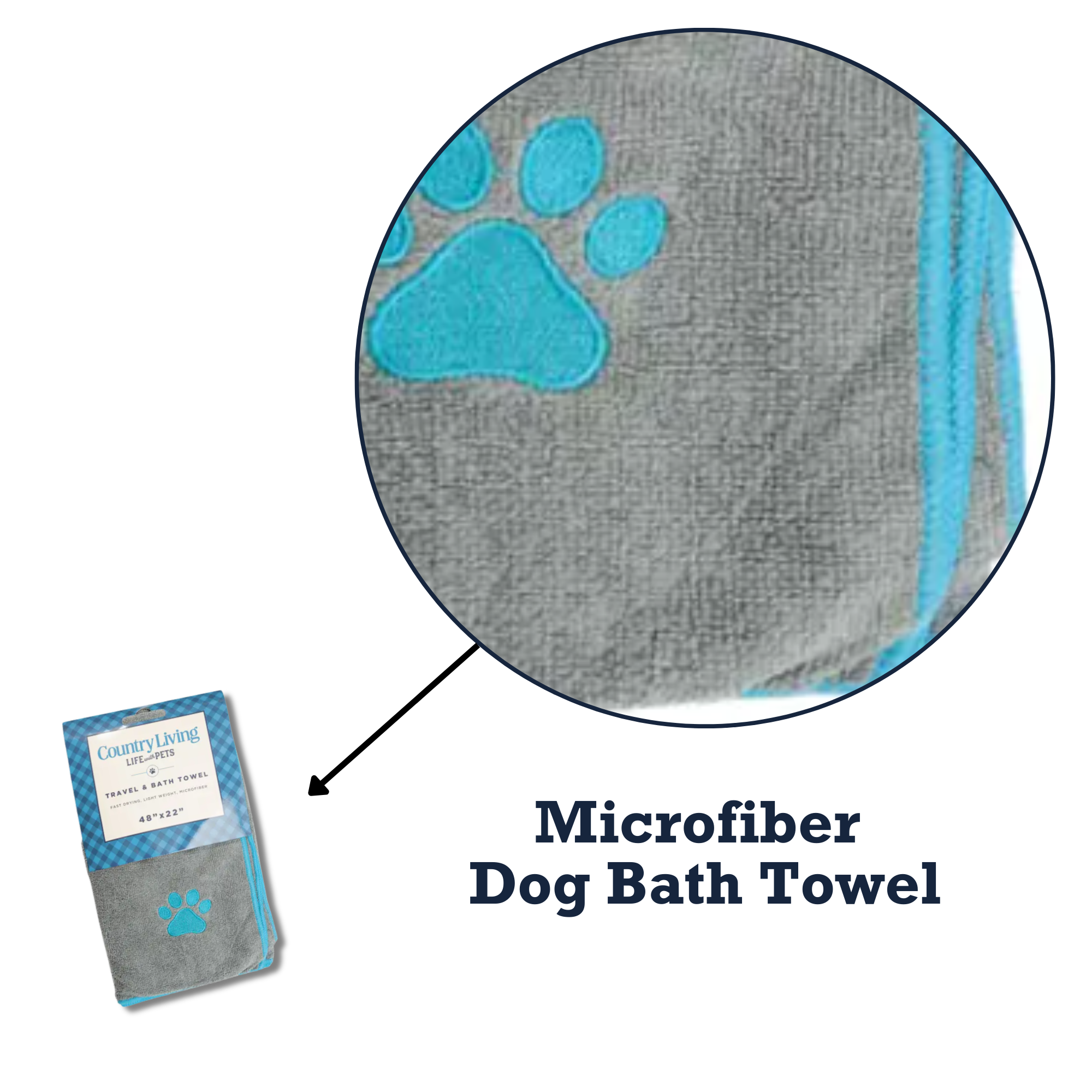 Country Living Large Gray Microfiber Dog Bath Towel with Teal Embroidered Paw Print - BIG FRENCHIES