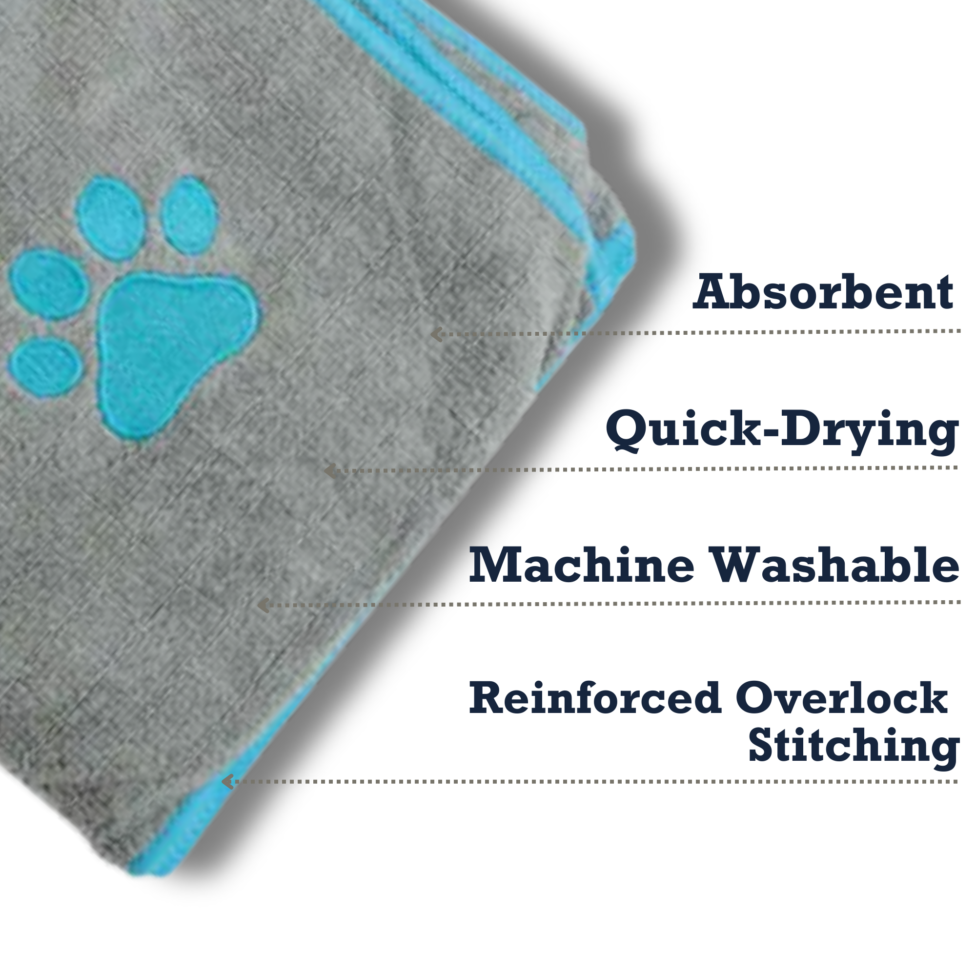 Country Living Large Gray Microfiber Dog Bath Towel with Teal Embroidered Paw Print - BIG FRENCHIES