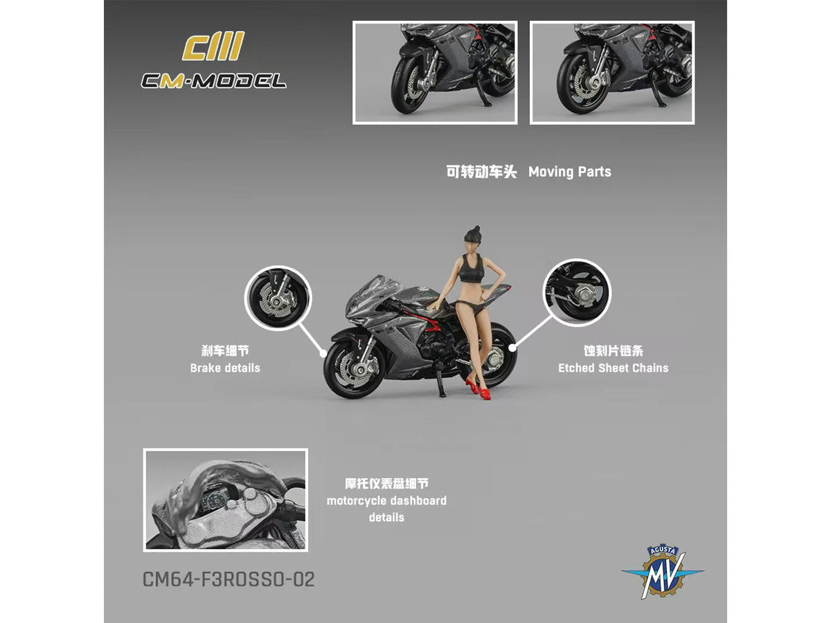 2022 MV Agusta F3 Rosso Motorcycle Silver Metallic with Figure 1/64 Diecast Model by CM Model