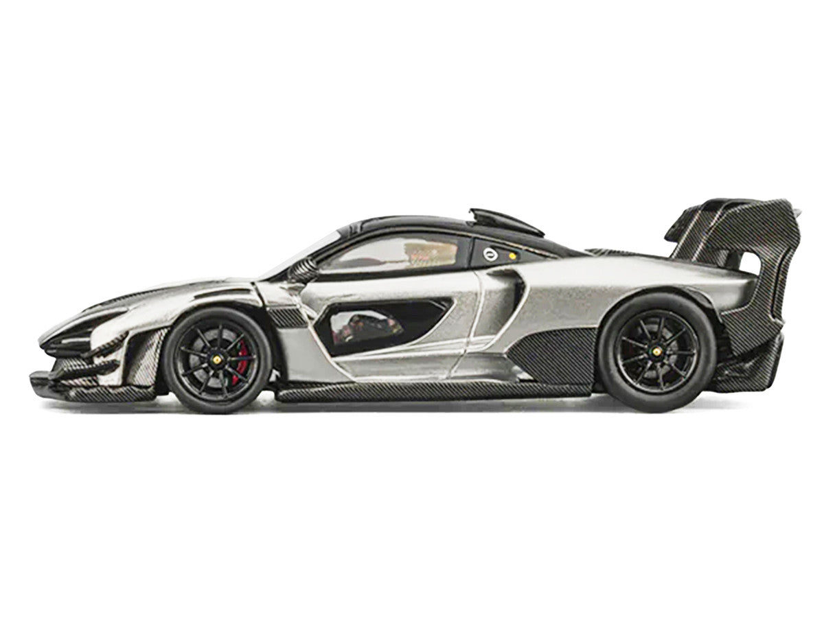 McLaren Senna GTR Silver Gray Metallic with Carbon Hood and Black Top 1/64 Diecast Model Car by CM Model