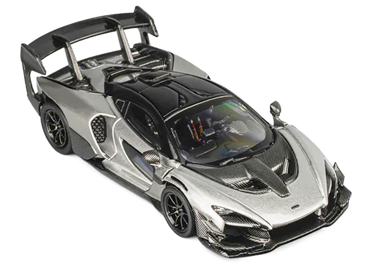 McLaren Senna GTR Silver Gray Metallic with Carbon Hood and Black Top 1/64 Diecast Model Car by CM Model