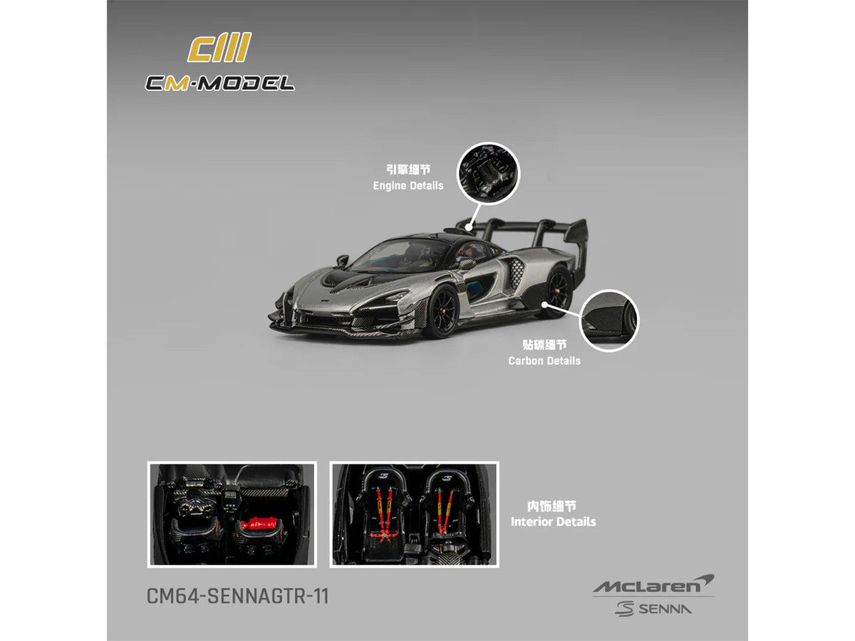 McLaren Senna GTR Silver Gray Metallic with Carbon Hood and Black Top 1/64 Diecast Model Car by CM Model