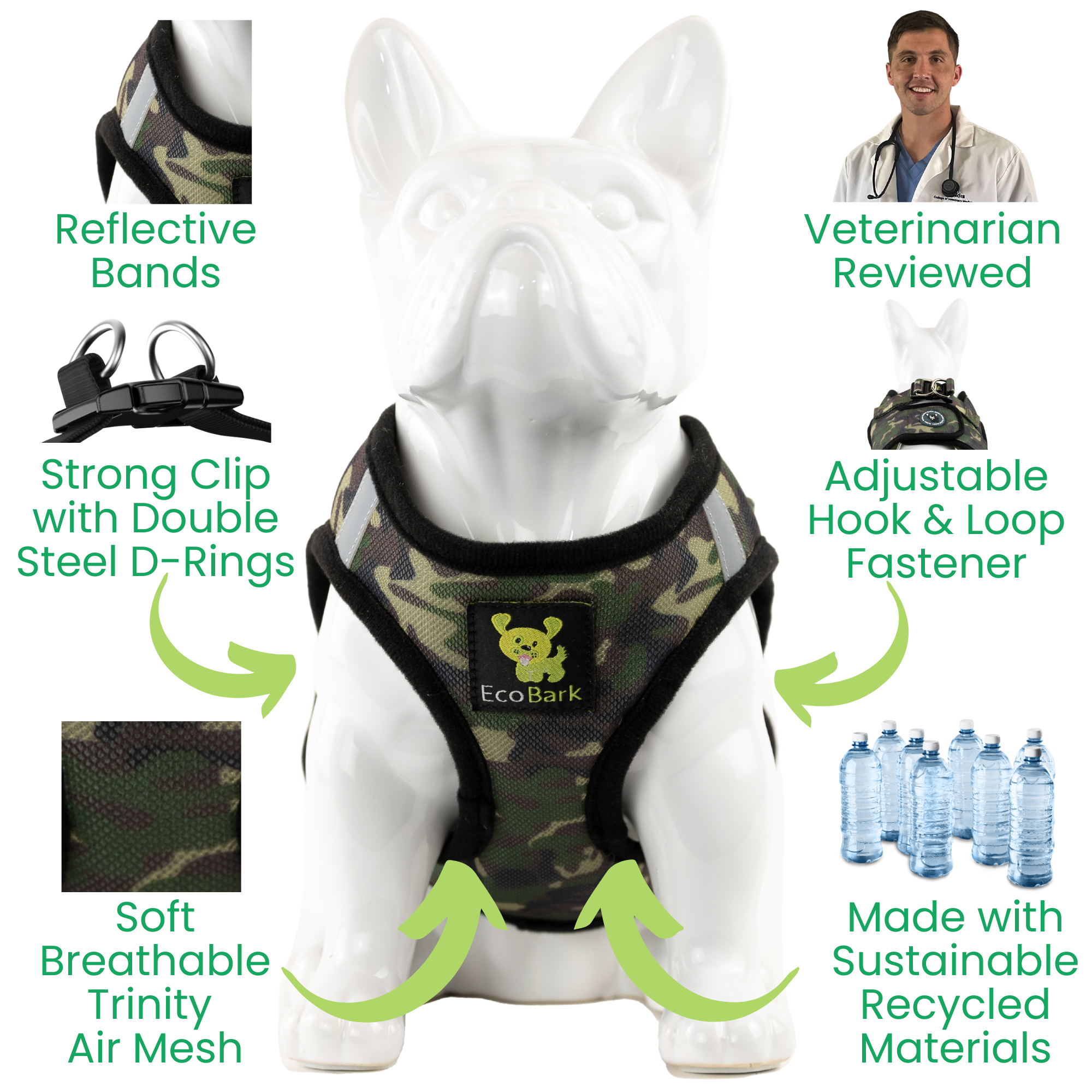 EcoBark Camo Step In Dog Harness - Reflective Soft Mesh Harness for Teacup, Small Dogs and Puppies - BIG FRENCHIES
