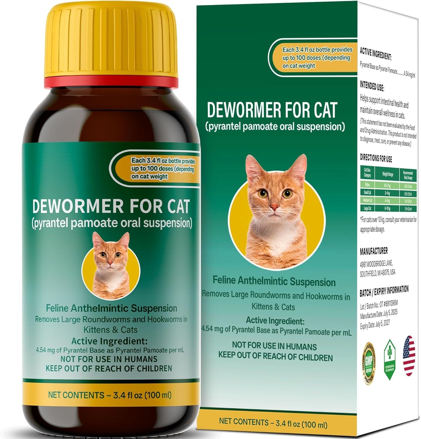 Cat Dewormer Liquid Pyrantel Pamoate Roundworm Hookworm 100ml