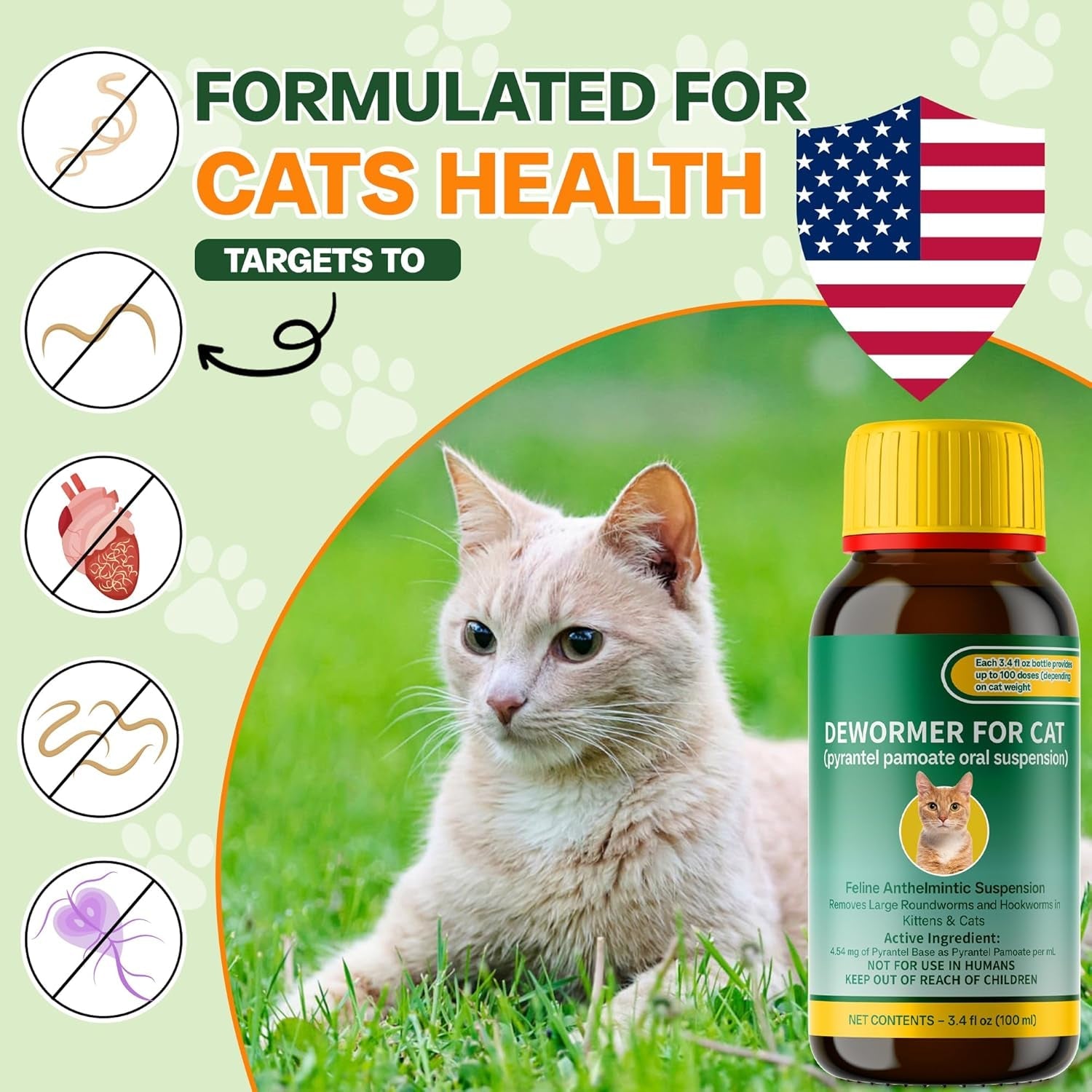 Cat Dewormer Liquid Pyrantel Pamoate Roundworm Hookworm 100ml