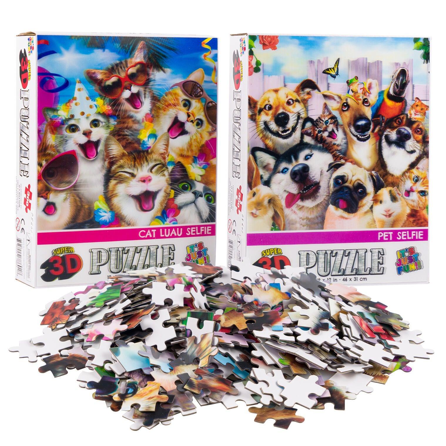 Cat Luau & Pet Selfie Set of 2 300 Piece Lenticular Jigsaw Puzzles Prime 3D