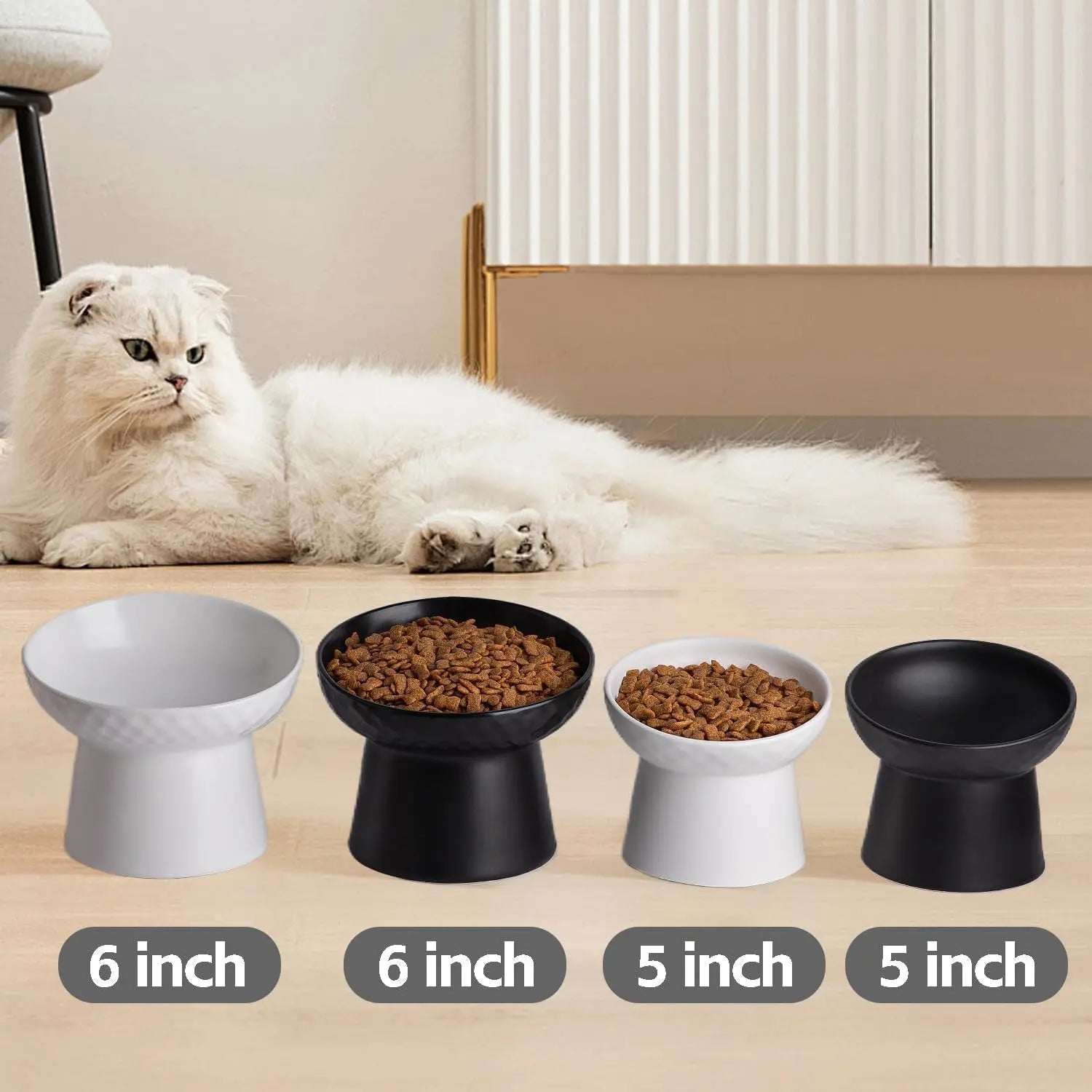 Ceramic Raised Tilted Cat Bowls Set of 2, Elevated Porcelain Feeder - BIG FRENCHIES