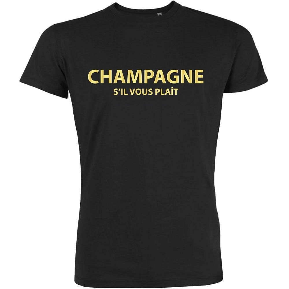 Champagne s'il vous plait Black Organic Men's tee in Gold Lettering