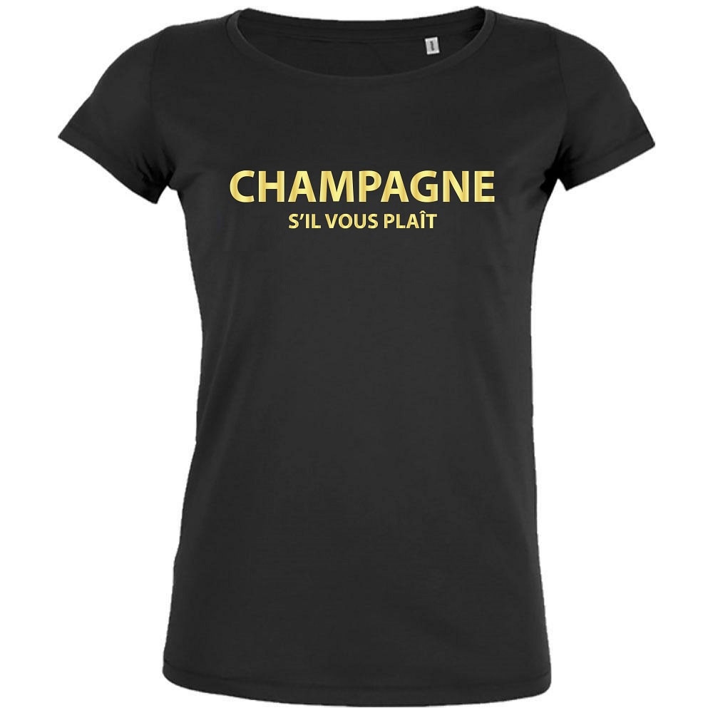 Champagne S'il Vous Plait Black Women's Organic Tee in gold lettering