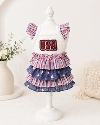 Patriotic Dog Dress USA Flag Ruffle Dress – Red White Blue Puppy Outfit for 4th of July