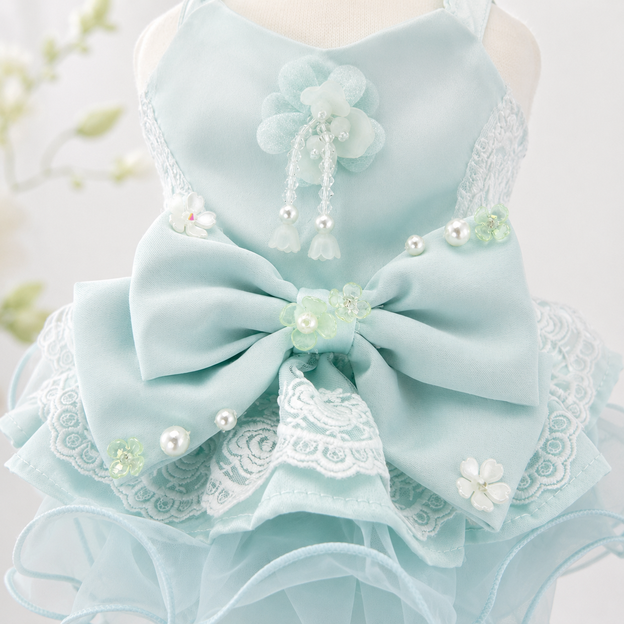 Handmade Mint Blue Princess Dog Dress with Lace Bow and Pearl Details