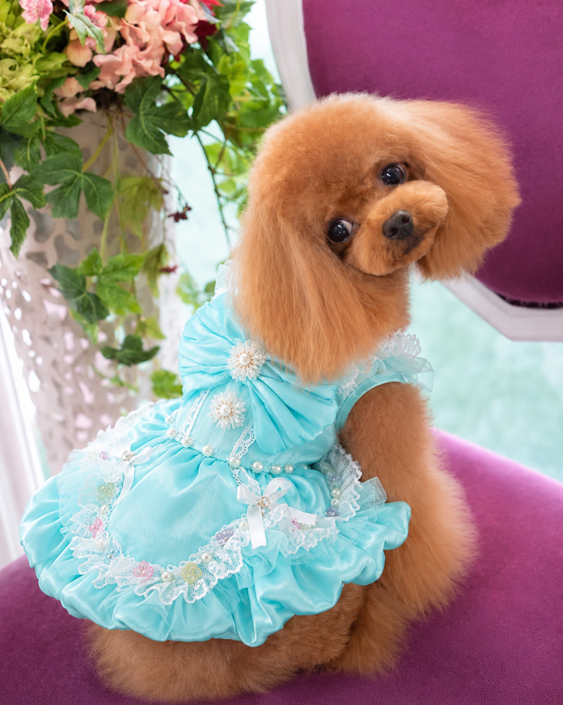 Handmade Aqua Blue Princess Dog Dress with Lace, Bow & Pearl Details