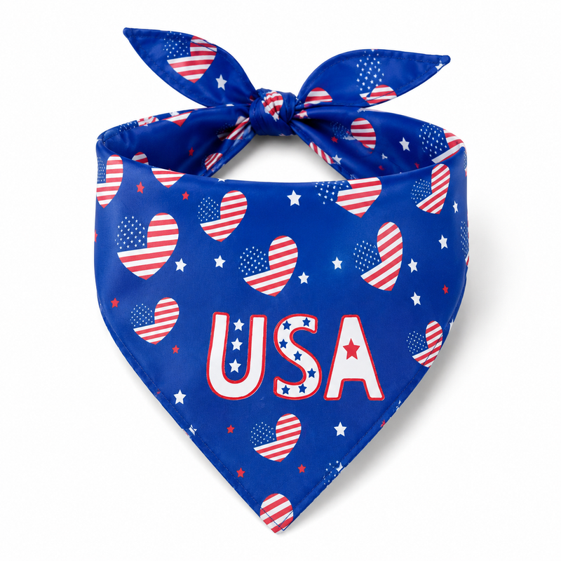 USA Patriotic Heart Print Dog Bandana Collar Scarf – Independence Day Pet Neckerchief for Small Medium Large Dogs-Pet Collars & Leashes-BIG FRENCHIES-Jane's Pet Boutique