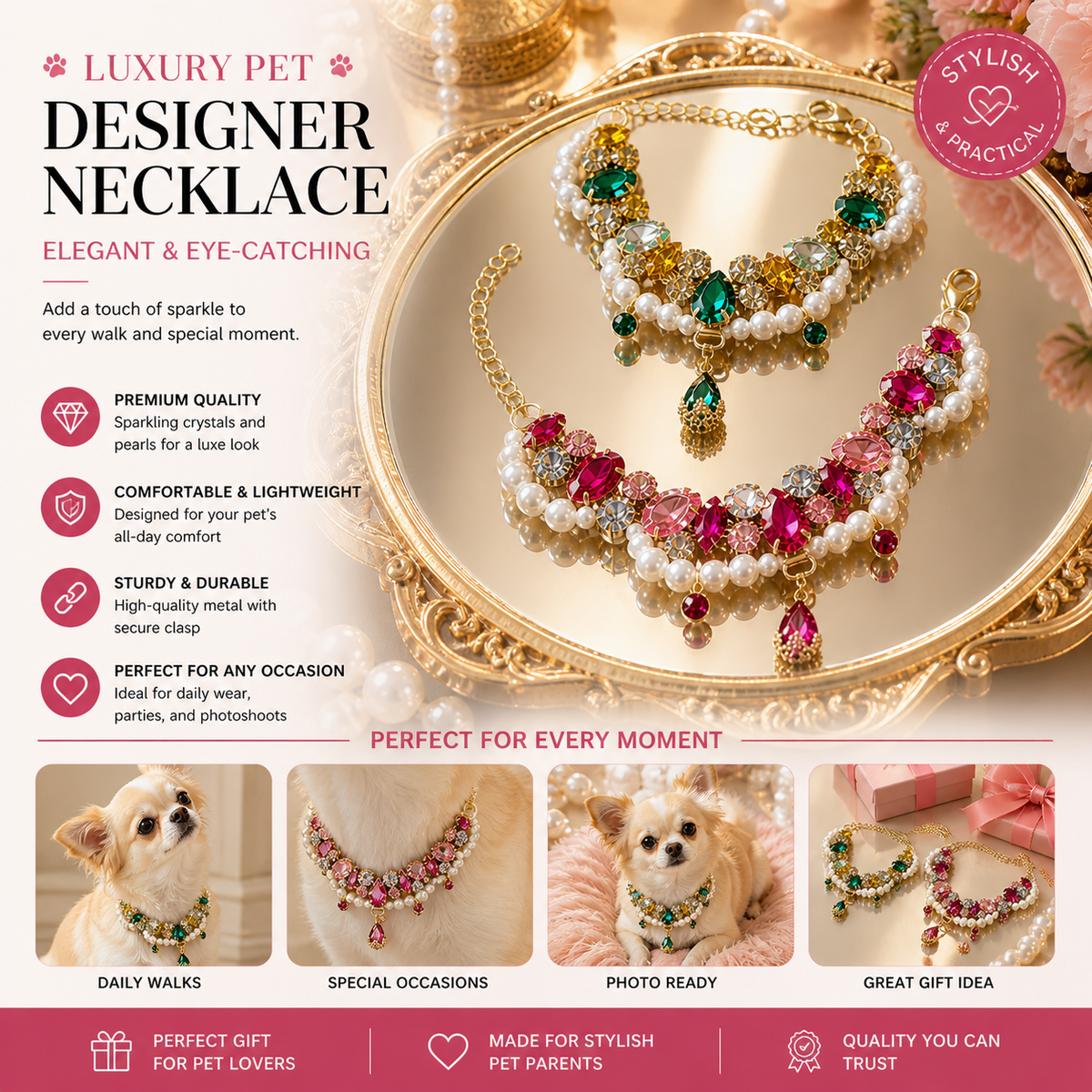 Luxury Pet Necklace Crystal Pearl Designer Dog Jewelry Collar-Pet Collars & Leashes-BIG FRENCHIES-Jane's Pet Boutique