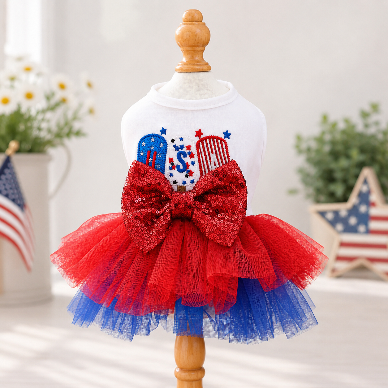 USA Patriotic Dog Dress with Sequin Bow