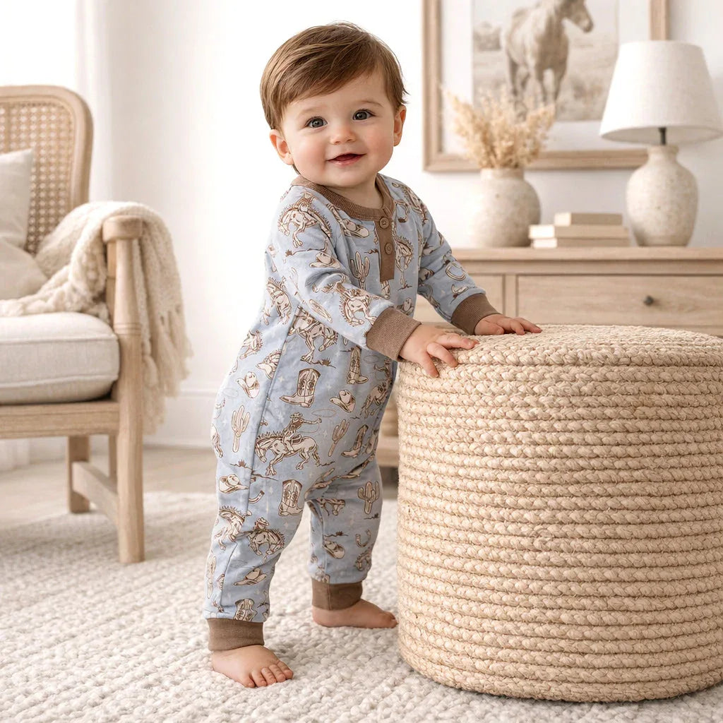 Wild Wrangler/Blue Western Bamboo Henley Cowboy Romper - BIG FRENCHIES
