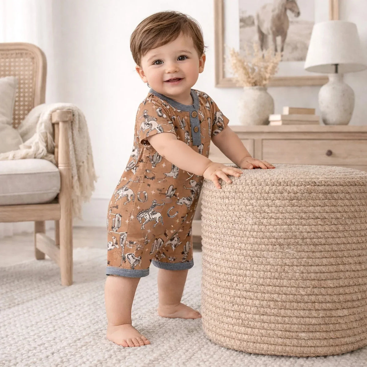 Wild Wrangler/Brown Western Bamboo Shorty Romper for Boys - BIG FRENCHIES