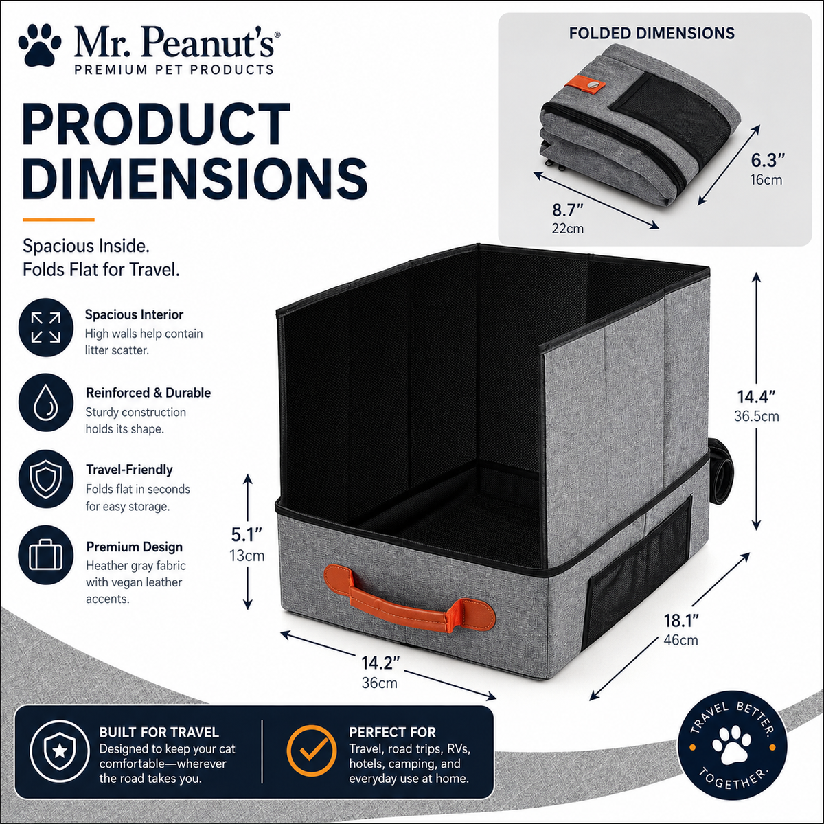 Mr. Peanut's Portable Foldable Travel Cat Litter Box – Waterproof Collapsible Litter Box with Scoop Pocket for Road Trips, Hotels, RVs & Home