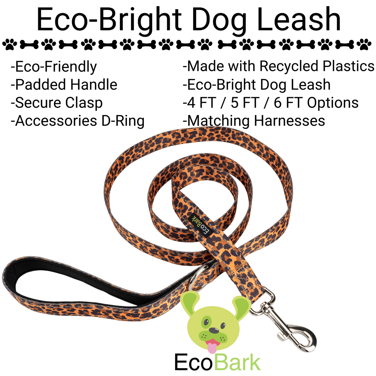 EcoBark Cheetah Dog Leash- Padded Comfort Grip Leash - 4ft, 5ft, and 6ft Leash for Small and Medium Dogs - BIG FRENCHIES
