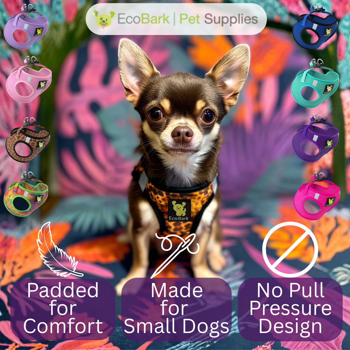 EcoBark Leopard Step In Dog Harness - Reflective Soft Mesh Harness for Teacup, Small Dogs and Puppies - BIG FRENCHIES
