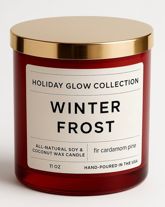 Winter Frost Candle – Fir & Cardamom, Red Jar – Snowy Forest Scent - BIG FRENCHIES