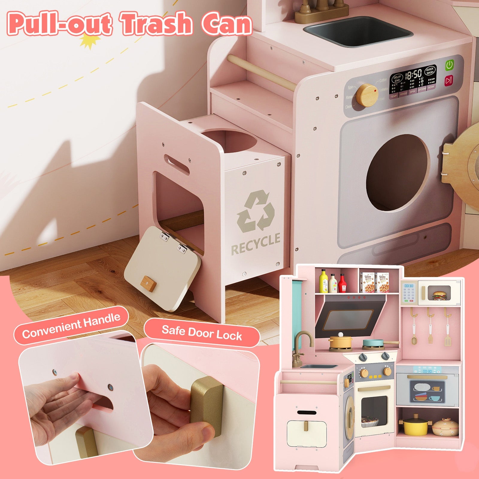 Corner Kitchen Toys with Lights and Sounds with Pull-out Trash Can and Stoves