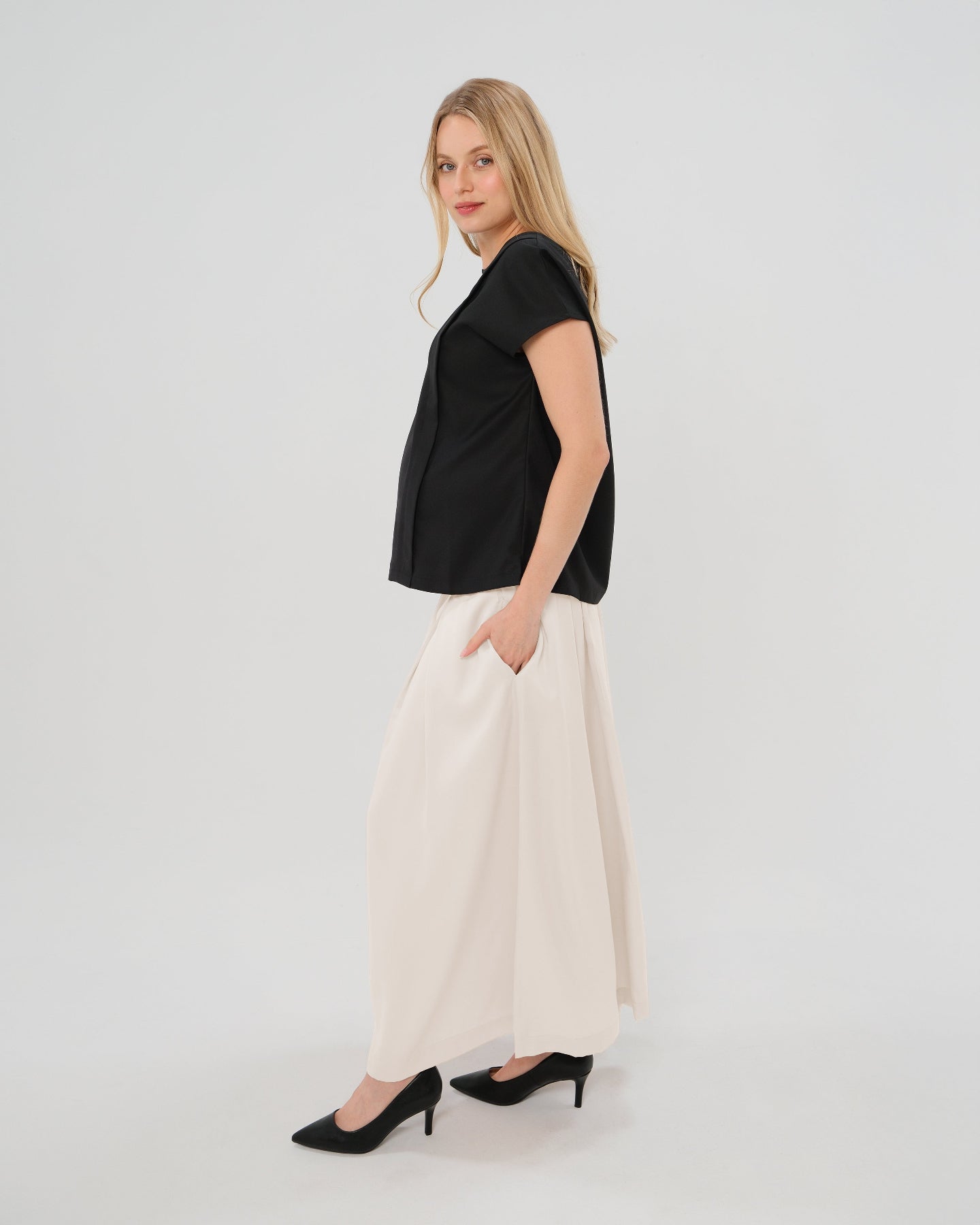 Over-Under Bump Pleated Maternity Maxi Skirt in Cream Satin - BIG FRENCHIES