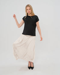 Over-Under Bump Pleated Maternity Maxi Skirt in Cream Satin - BIG FRENCHIES