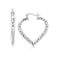 Sterling Silver Rhodium Plated Heart Style Hoop Diamond Cut Earrings