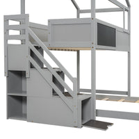 Twin over Full House Bunk Bed with Storage Staircase and Blackboard Gray