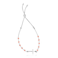 Sterling Silver White and Rose Finish Adjustable Bracelet with Cross