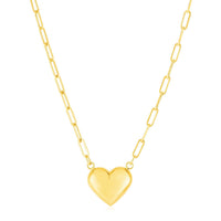 14k Yellow Gold Paperclip Chain Necklace with Puffed Heart