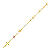 14k Tri Color Gold Bracelet with Crosses Cubes and Medallions